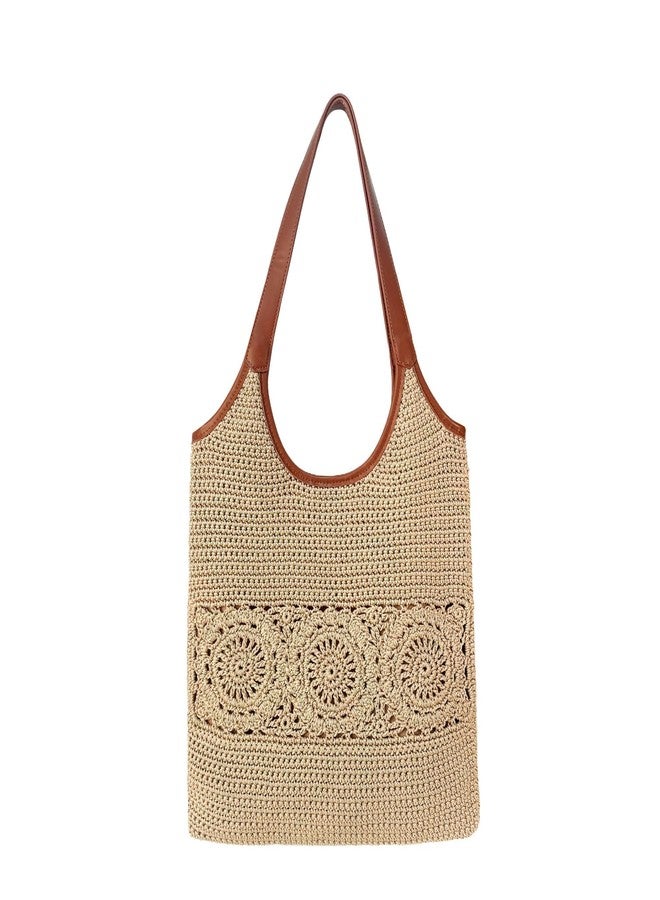 Eiyye Crochet Tote Bag for Women Handmade Flat Woven Shoulder Purse with Wide Leather Straps Lightweight Boho Bag for Shopping Travel Daily Use - Image 4